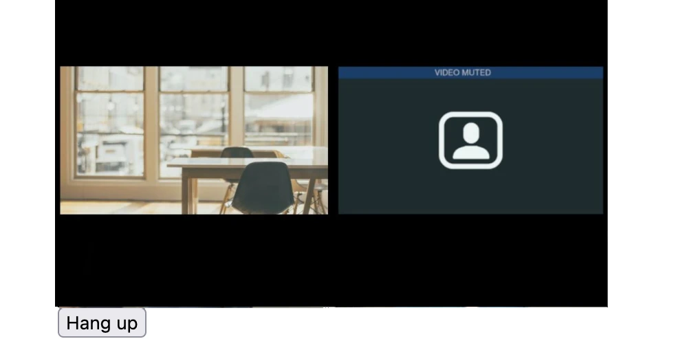 A screenshot of a video call with two participants and a button labeled 'Hang up' beneath the video.